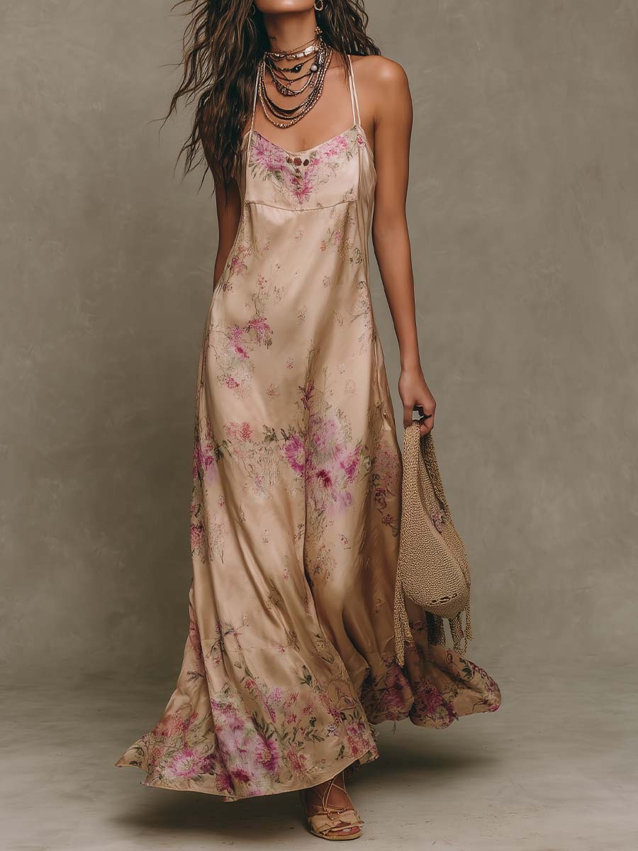 Vintage Floral Satin Spaghetti Strap Ruffle Hem Maxi Dress