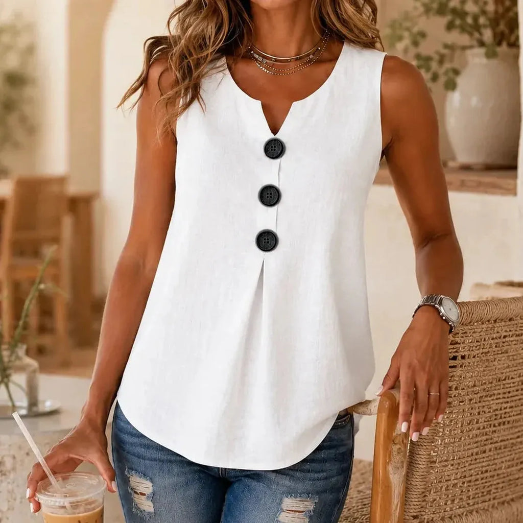 Lunelle – Sleeveless Linen Look V-Neck Tank with Buttons