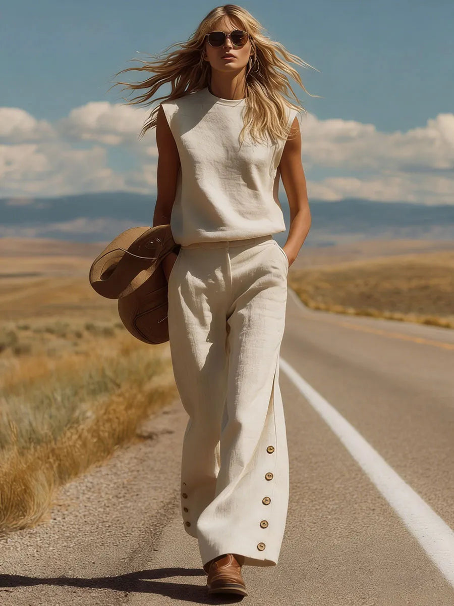 Western Bohemian Retro Apricot Cotton Linen Sleeveless Top And Slit Pants Set