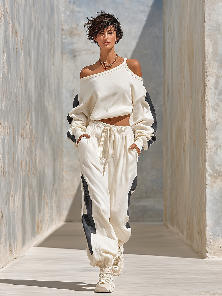 Women's Cream Color Block Cotton Blend Co-Ord Set With Cold Shoulder Striped Sweatshirt & Drawstring Jogger Pants, Streetwear Casual Cropped Co-Ord Outfit MDZ2206G1LYL