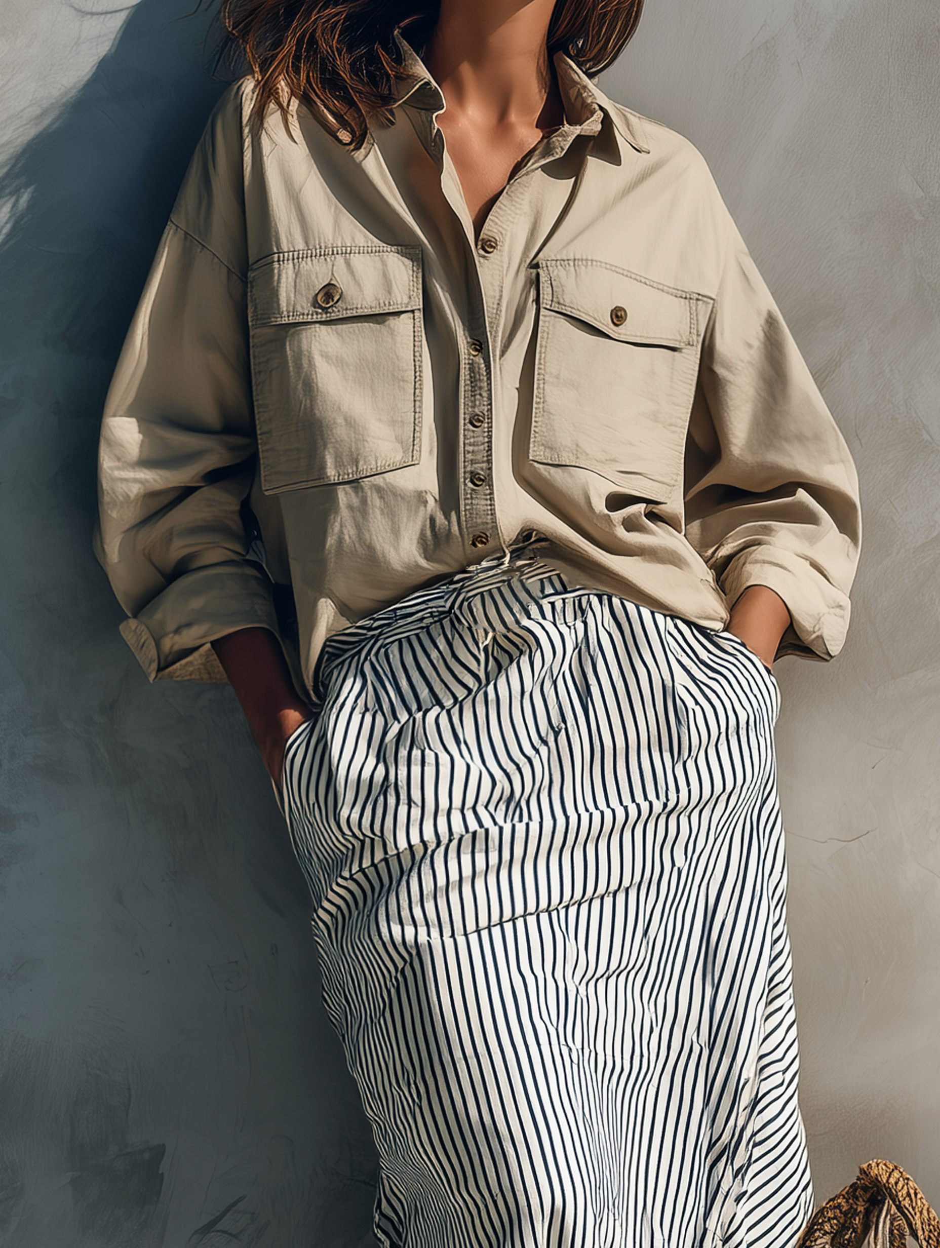 Women's Casual Khaki Long-sleeved Woven Shirt Paired With A Black-and-white Striped Woven Skirt MDZ2458G4LXY