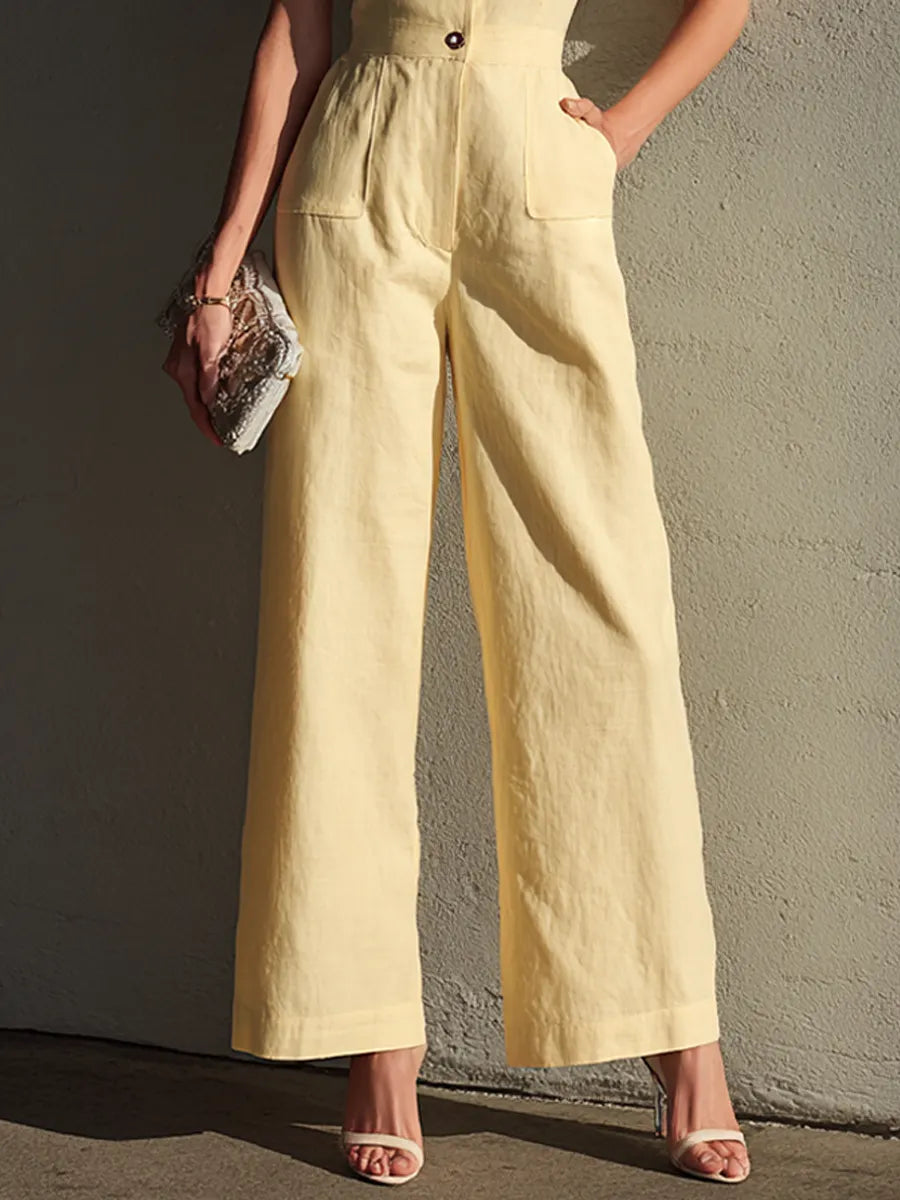 Women's Retro Elegant Light Yellow Cotton Blend Lace Collar Short Sleeve Wide-Leg Jumpsuit MDZ0397G7GMJ