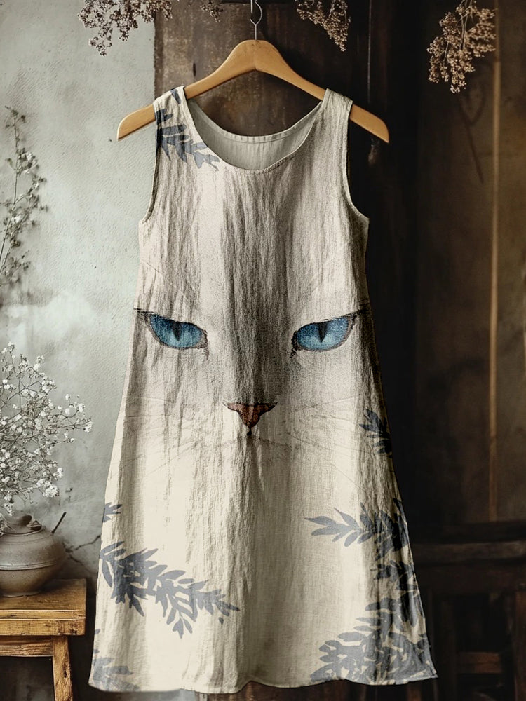 Vintage Cute Cat Print Linen Tank Dress