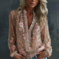 Women's Spring Floral Embroidered Art Print Flowy Linen Blend Casual Tops