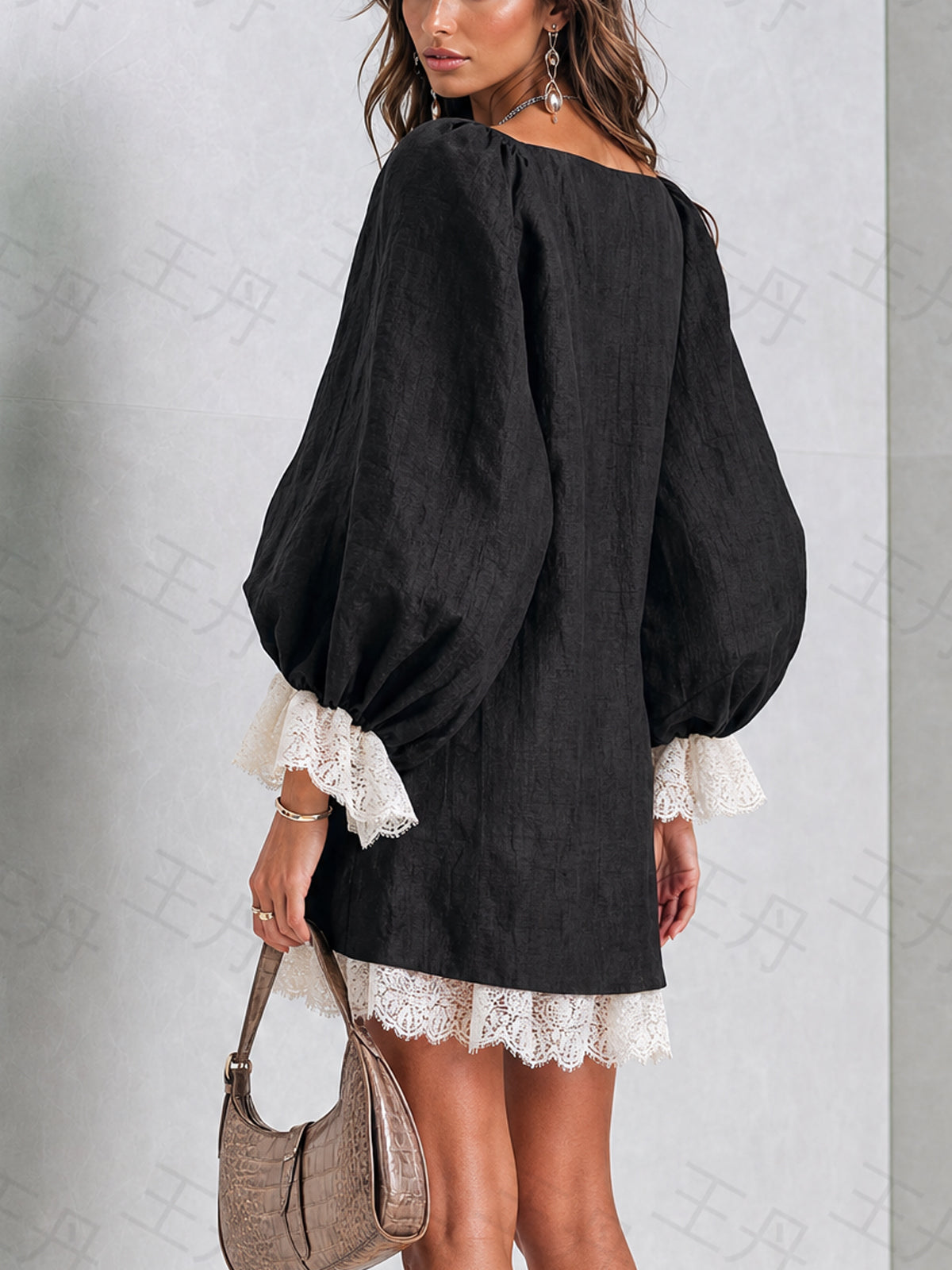Black Asymmetric Mini Dress With Contrast Lace Trim
