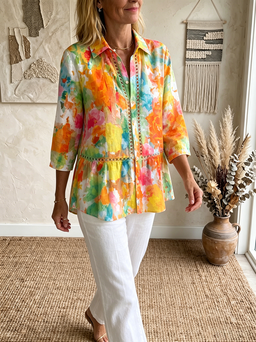 Artistic Cutout Lace-trimmed & Watercolor-print Cotton-linen Blouse