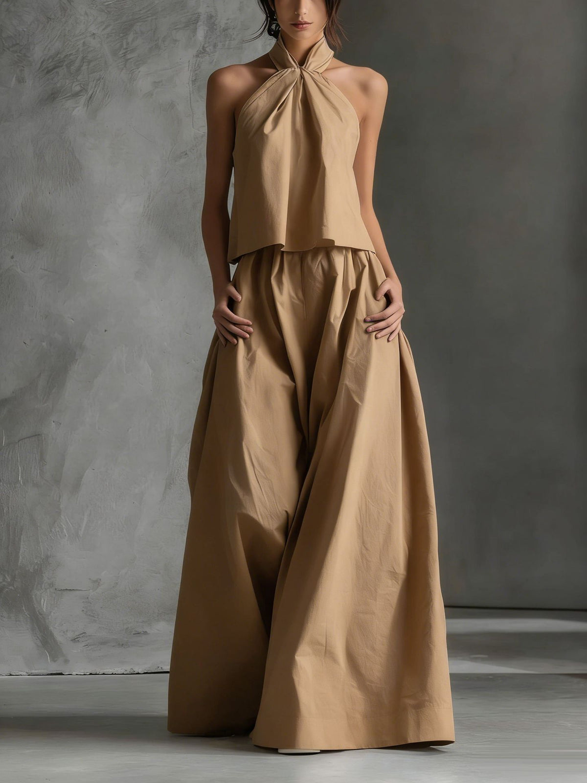 Minimalist Halter Neck Two-Piece Set - Chic Sleeveless Crop Top & High-Waisted Wide-Leg Pants Summer Suite