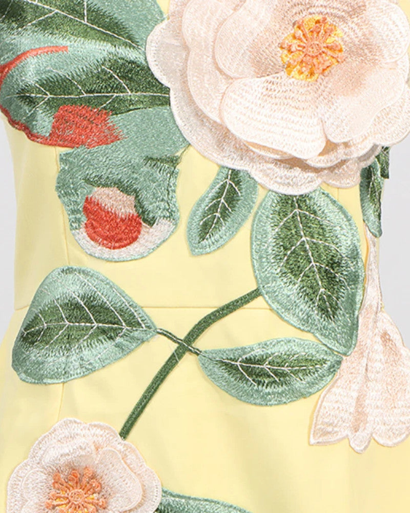 Strapless Embroidered Floral Dress Yellow