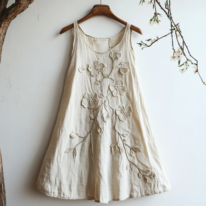 Vintage Floral Embroidery Casual Linen Sleeveless Dress
