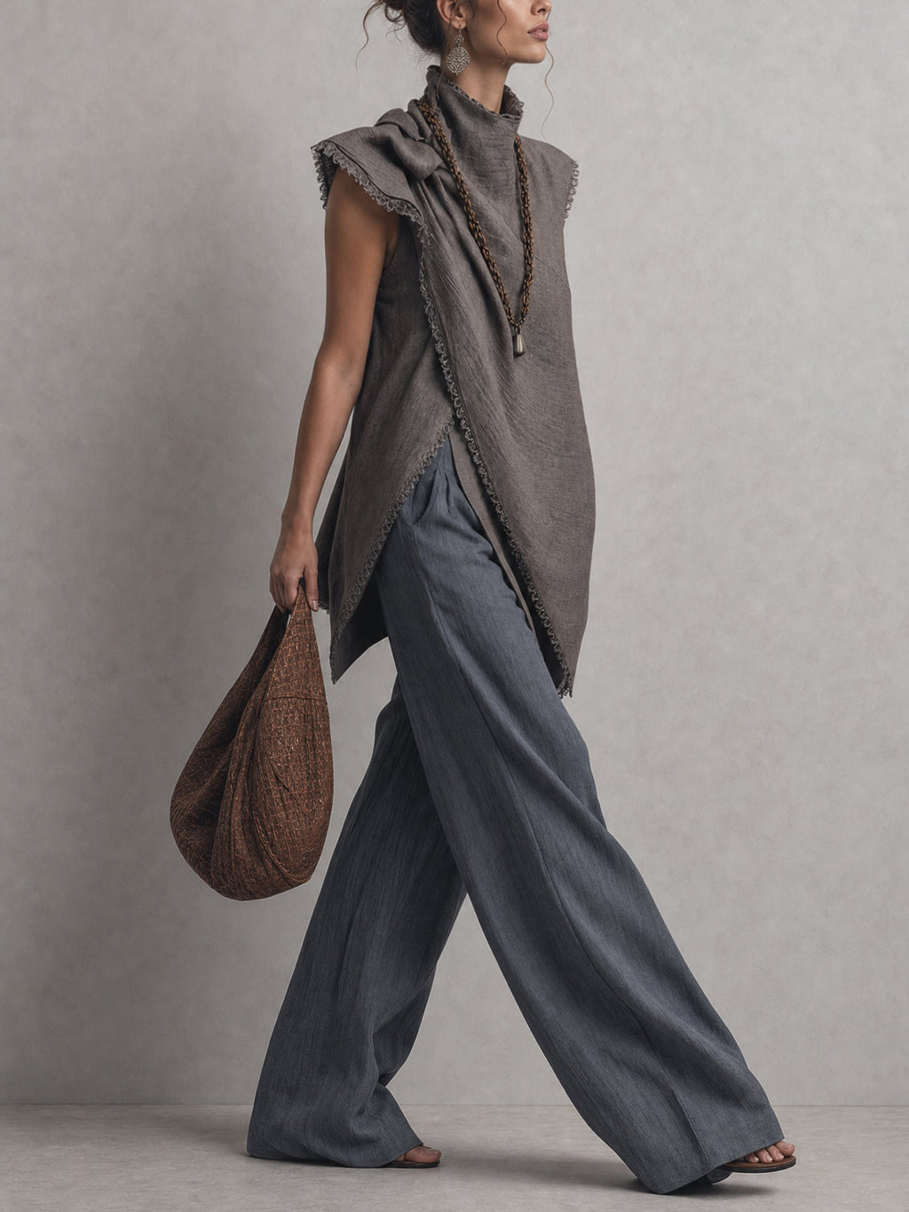 Gray Linen Blend Sculptural Top And Wide Leg Pants Set