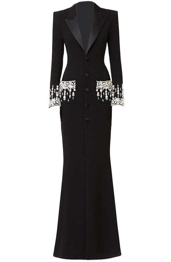 Long Sleeve Crystal Maxi Coat Dress Black