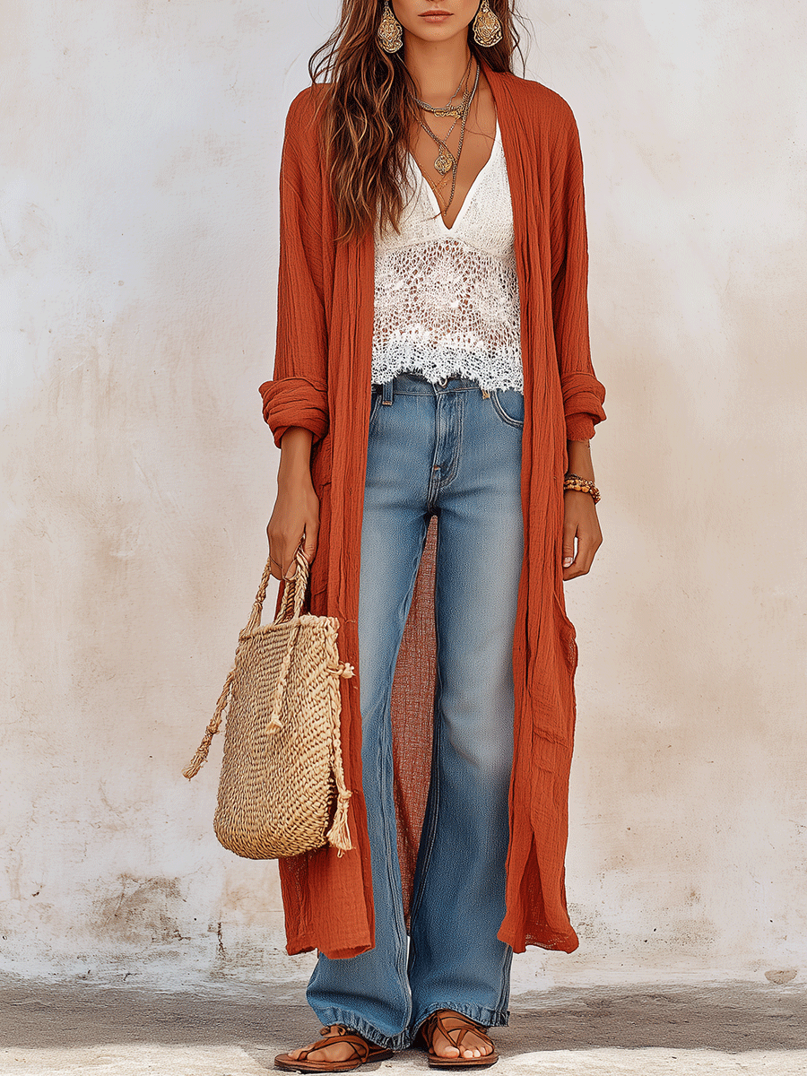 Elegant Vacation Sunset Clay Open-Front Maxi Cardigan