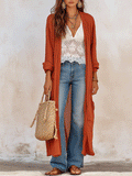 Elegant Vacation Sunset Clay Open-Front Maxi Cardigan