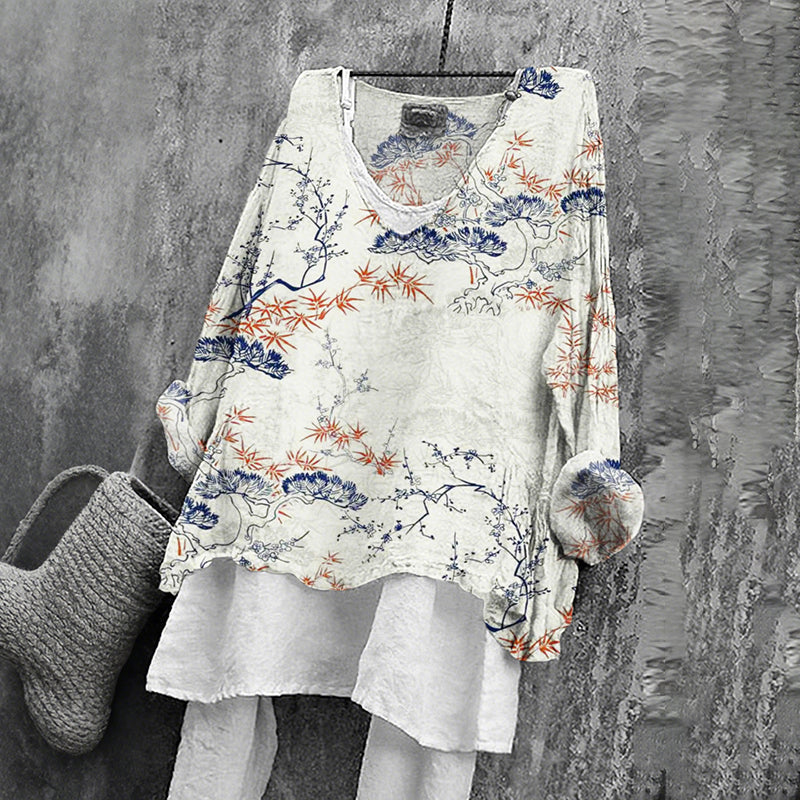Women's Japanese Floral Art Print V-neck Loose T-shirt