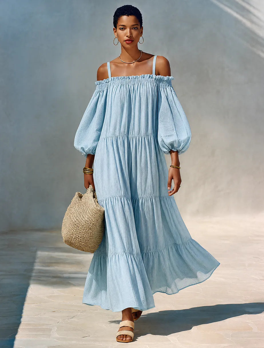 Women's Minimalist Solid Light Blue Linen Off-Shoulder Maxi Dress With Tiered Ruffles MDZ0792G6ZRK