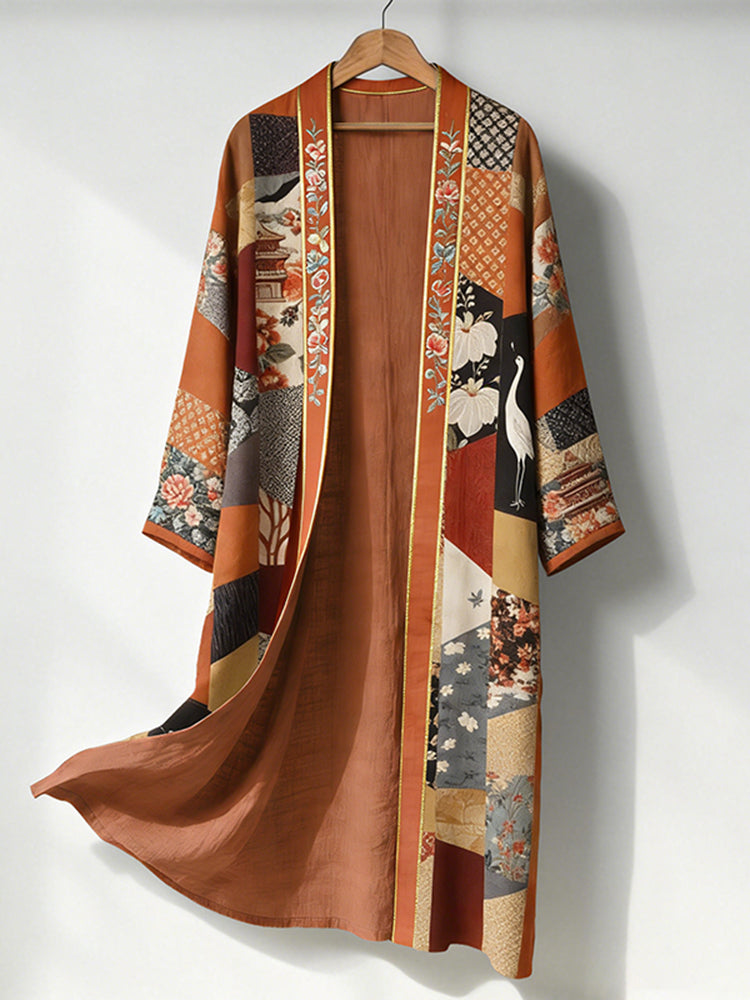 Men's Retro Japanese Patchwork Art Print Linen Long Kimono
