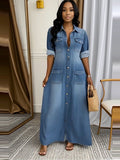 Blue Button-Front Maxi Shirt Dress