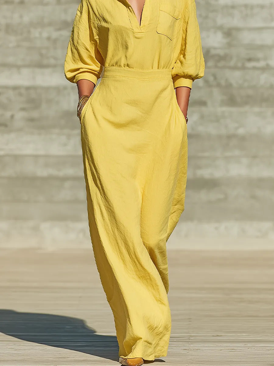 Women's Bright Yellow Linen Blend Shirt Maxi Dress With Lapel Half Button Placket & Puff Three Quarter Sleeves, Casual Resort Loose Floor Length Shirt Dress MDZ2041G4LYL