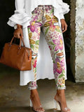 Women's Fashion Watercolor Leopard-print Floral High-waisted Skinny Ripped Casual Jeans With Artistic Print