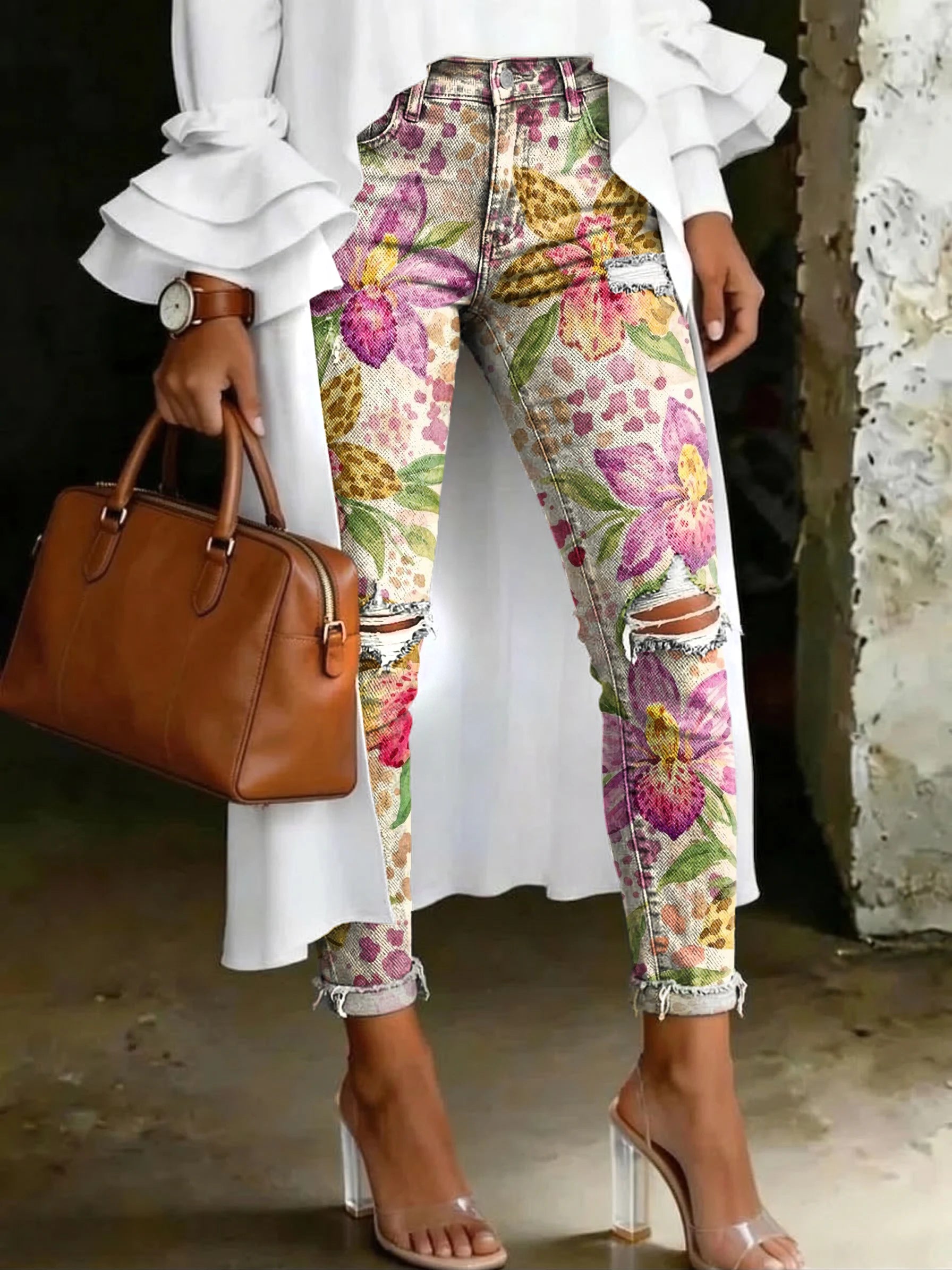 Women's Fashion Watercolor Leopard-print Floral High-waisted Skinny Ripped Casual Jeans With Artistic Print