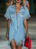 [24-hour shipping out]Casual Loose Vintage Denim Short Sleeve Shirt Tassel Mini Dress