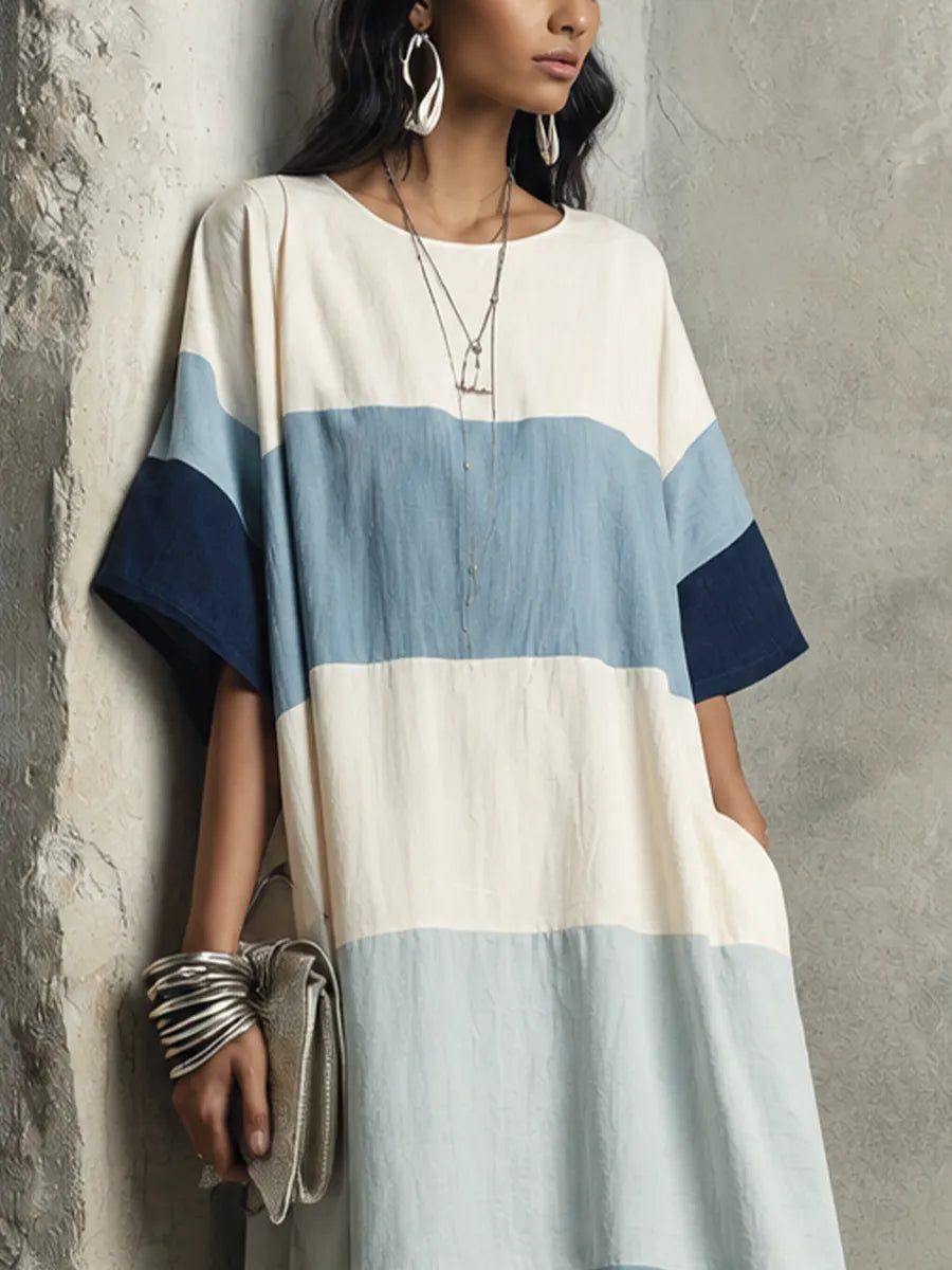 Women's Relaxed Vacation Off White Spliced Blue Cotton Blend Horizontal Stripe Loose Short Sleeve Maxi Dress MDZ1410G1GMJ