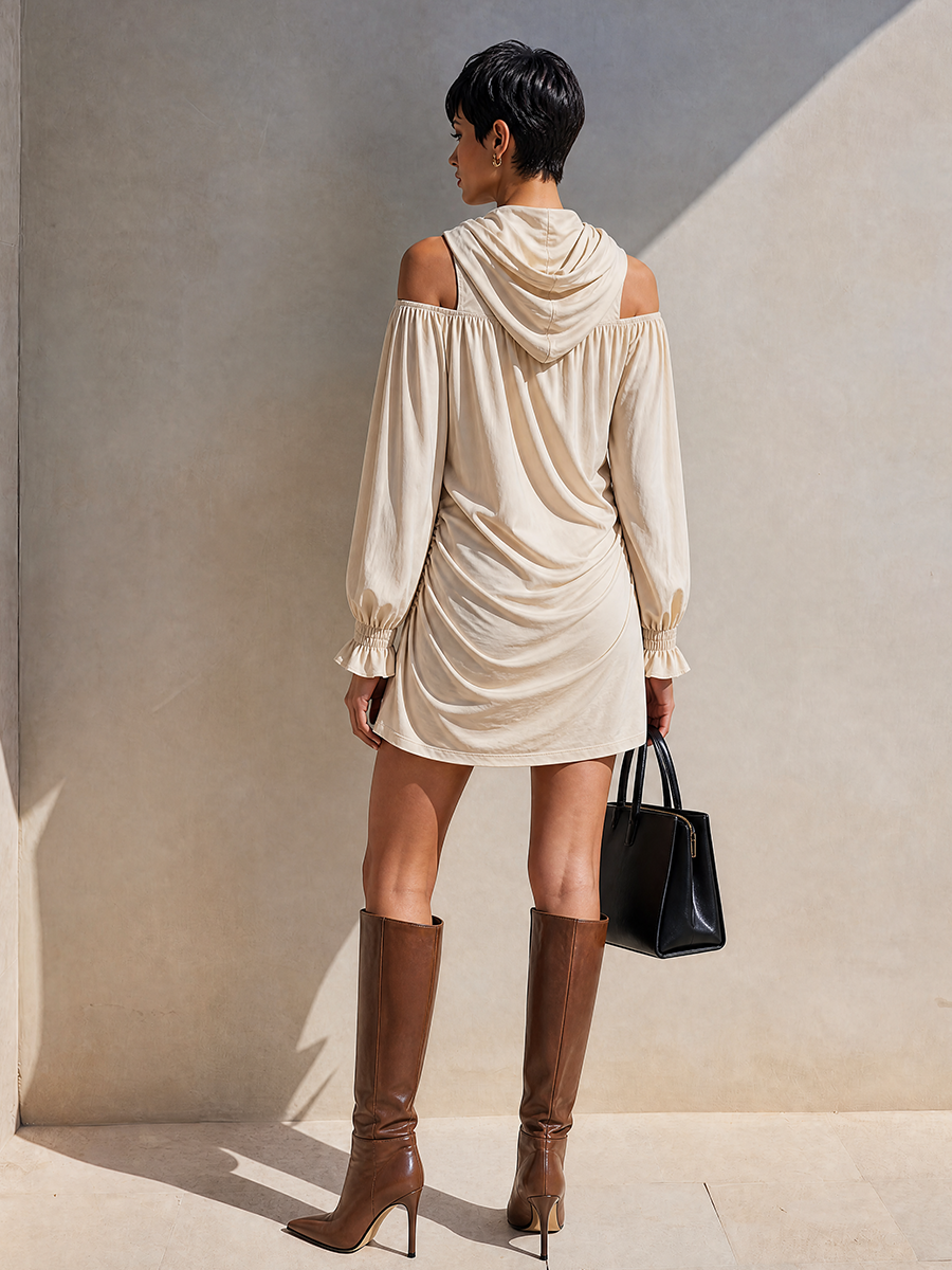 Women's Beige Cotton Blend Cold Shoulder Hooded Mini Dress MDZ2412G4ZRK