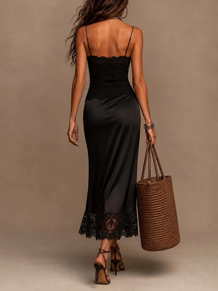 Vintage Lace Cami Spliced Satin Lace Hem Midi Dress