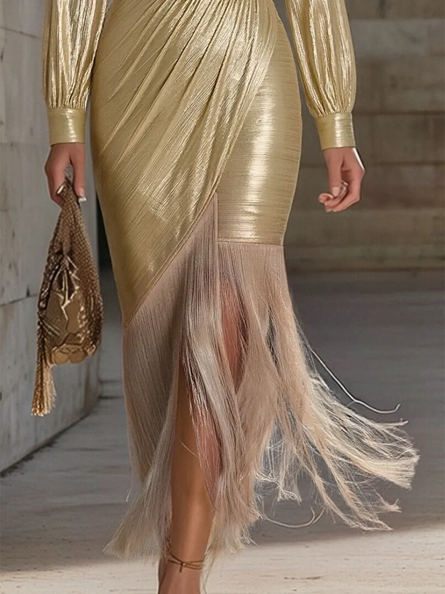 Chic And Sophisticated V-neck Tassel Champagne Shimmering Maxi Dress