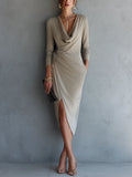 Women's Luxury Workwear Style Oat Knit Cotton Blend Cowl Neck Long Sleeve Side Tie Slit Midi Dress MDZ0329G6GMJ