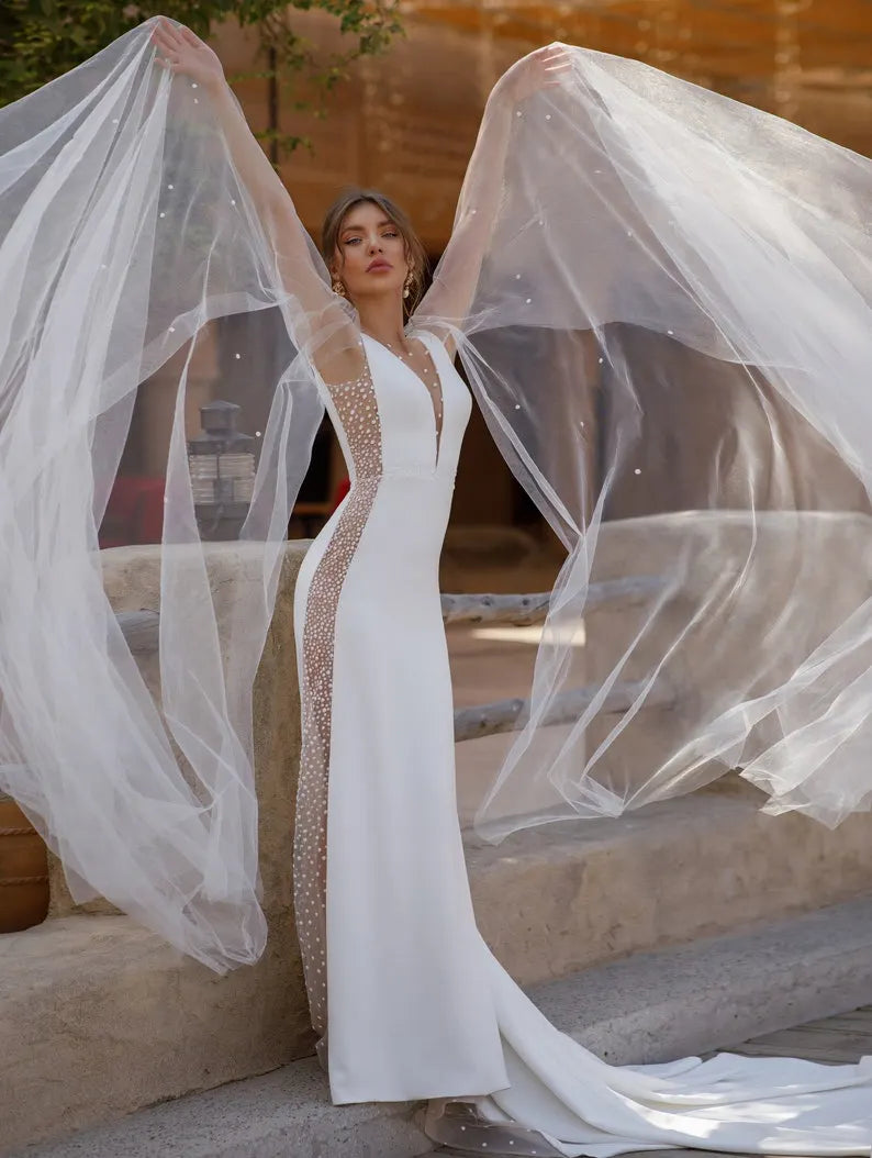 boho satin long bride bridal ivory summer tulle wedding dress beach mermaid peas sexy open v neck bridal bohemian light bride Unique wedding