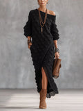 Black Textured Off Shoulder Knit Maxi Dress