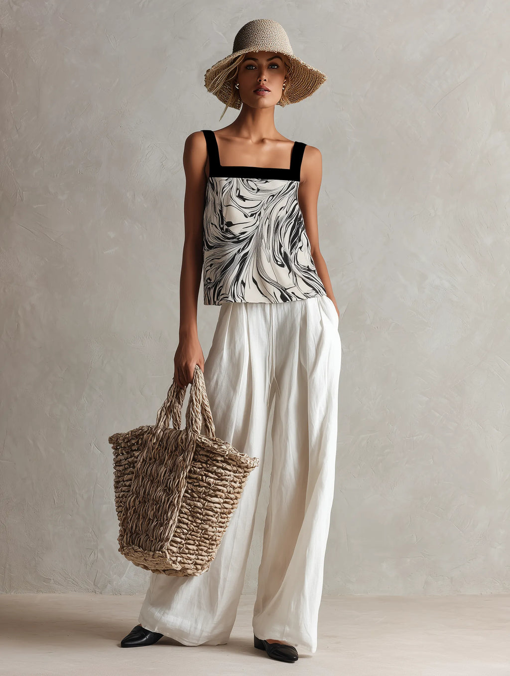 Women's Minimalist Marble-Print Sleeveless Tank Top And Linen-Blend Wide-Leg Pants Set MDZ3064F8WY