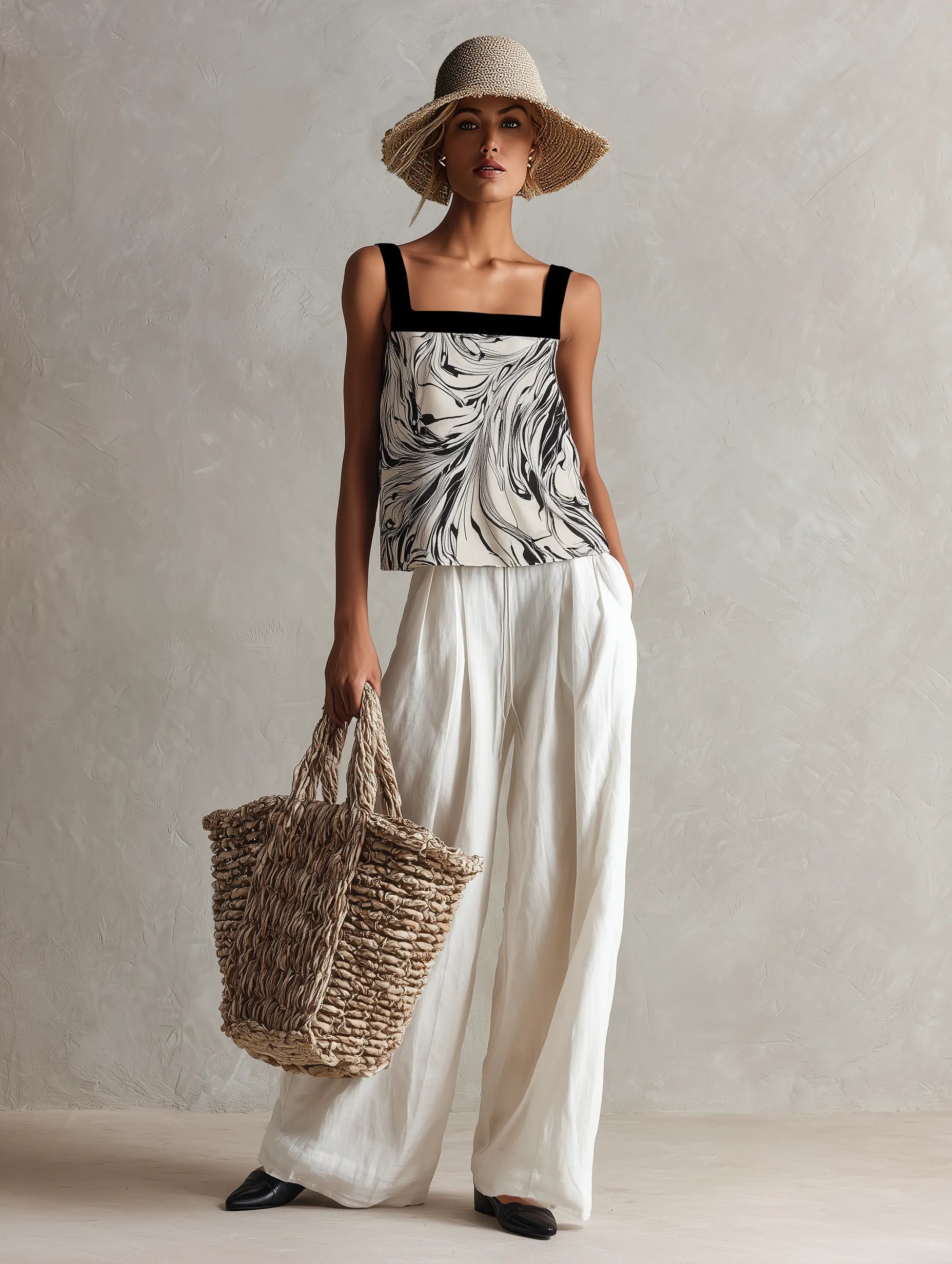 Women's Minimalist Marble-Print Sleeveless Tank Top And Linen-Blend Wide-Leg Pants Set MDZ3064F8WY