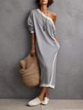 Women's Casual Minimalist Off-Shoulder Long-Sleeve Maxi Sweatshirt Dress With White Trim MDZ0937G8WY