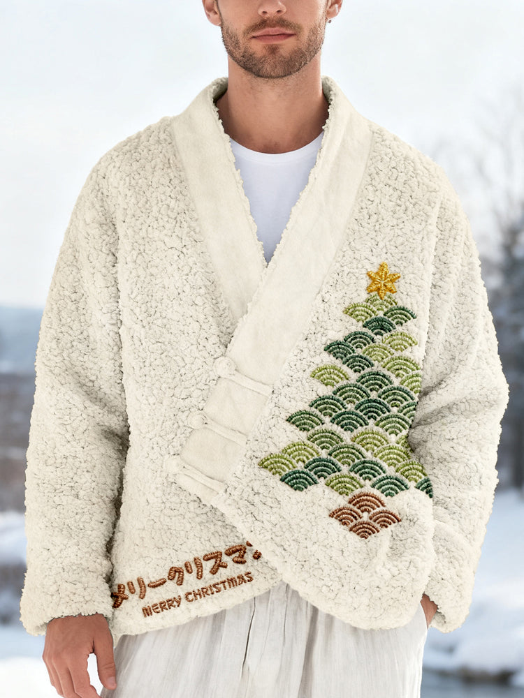 Men's Japanese Waves Christmas Tree Embroidered Cozy Fleece Kimono Cardigan