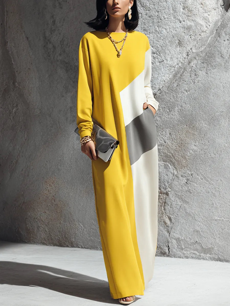 Women's Modern Elegant Yellow White Cotton Blend Color-Block Round Neck Long Maxi Dress MDZ2280G4GMJ