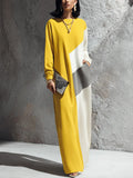 Women's Modern Elegant Yellow White Cotton Blend Color-Block Round Neck Long Maxi Dress MDZ2280G4GMJ