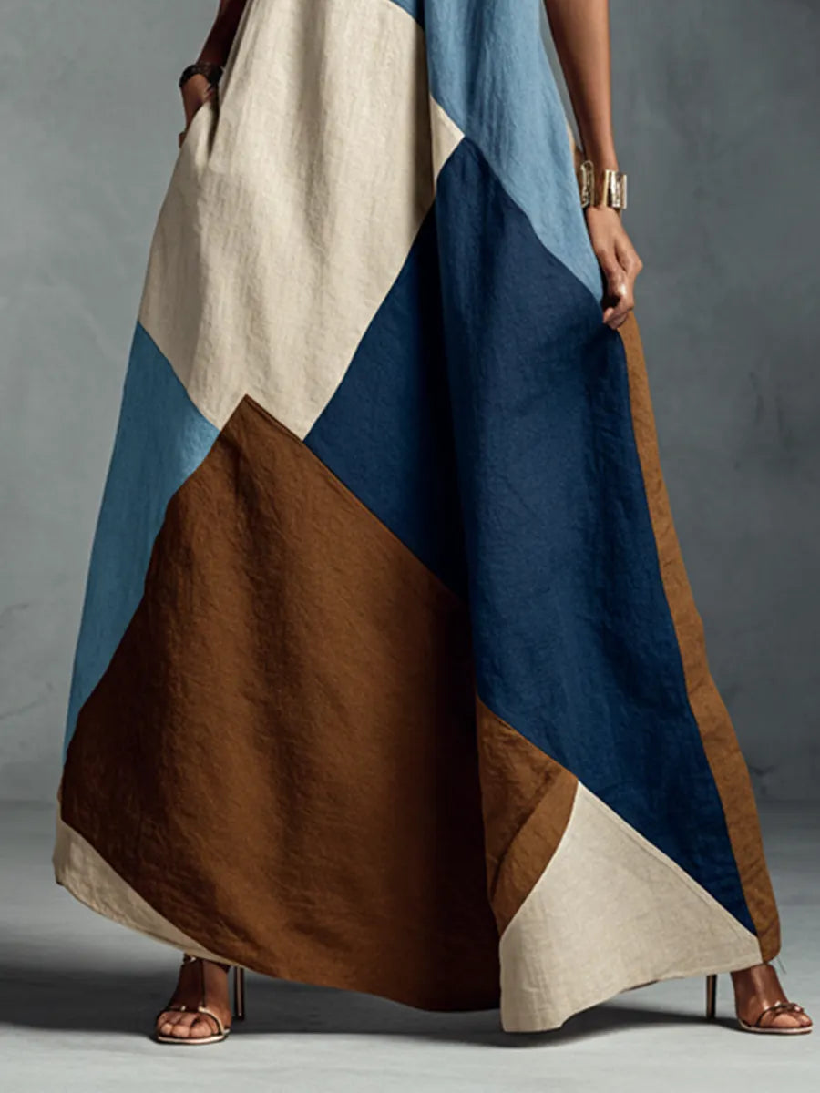 Women's Bohemian Multi-color Cotton Linen Blend Patchwork Halter Maxi Dress MDZ1956C4BA