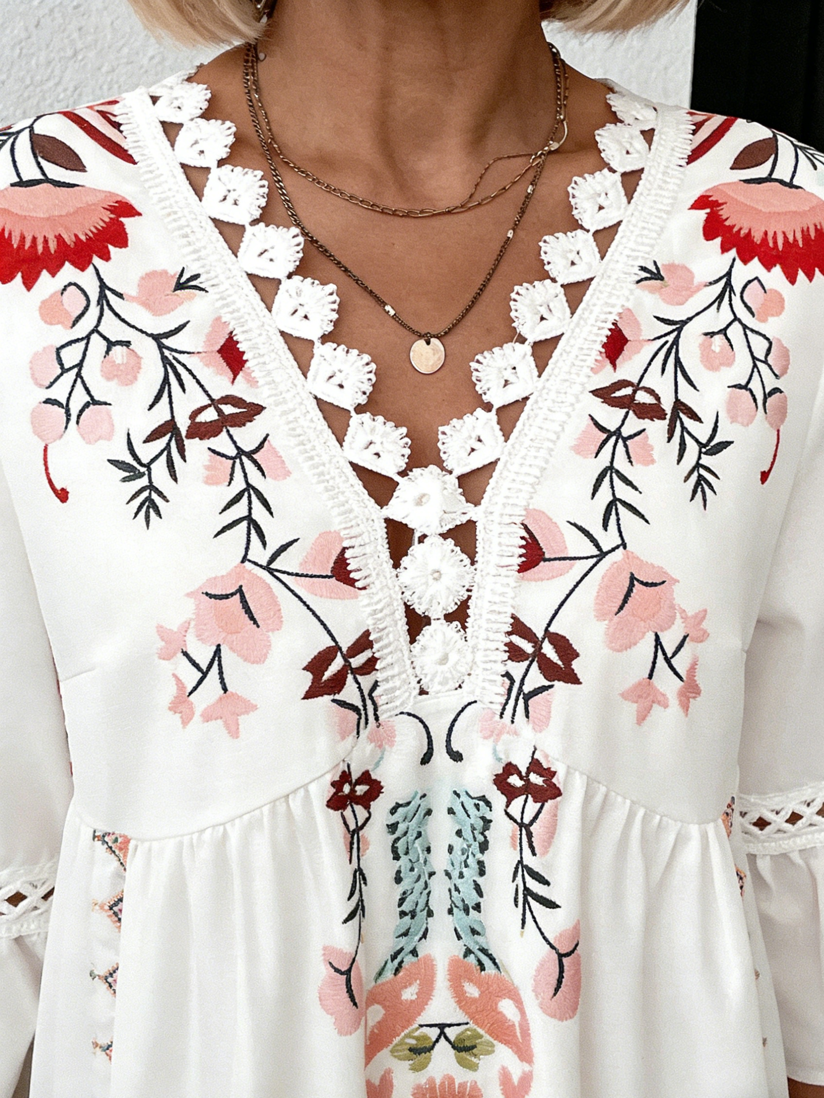 V-neck Printed Lace Stitching Bohemian Casual Vacation Style Dress