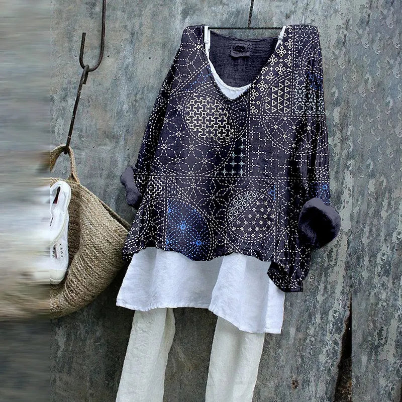 Vintage Japanese Sashiko Art Linen Blend Cozy Tunic