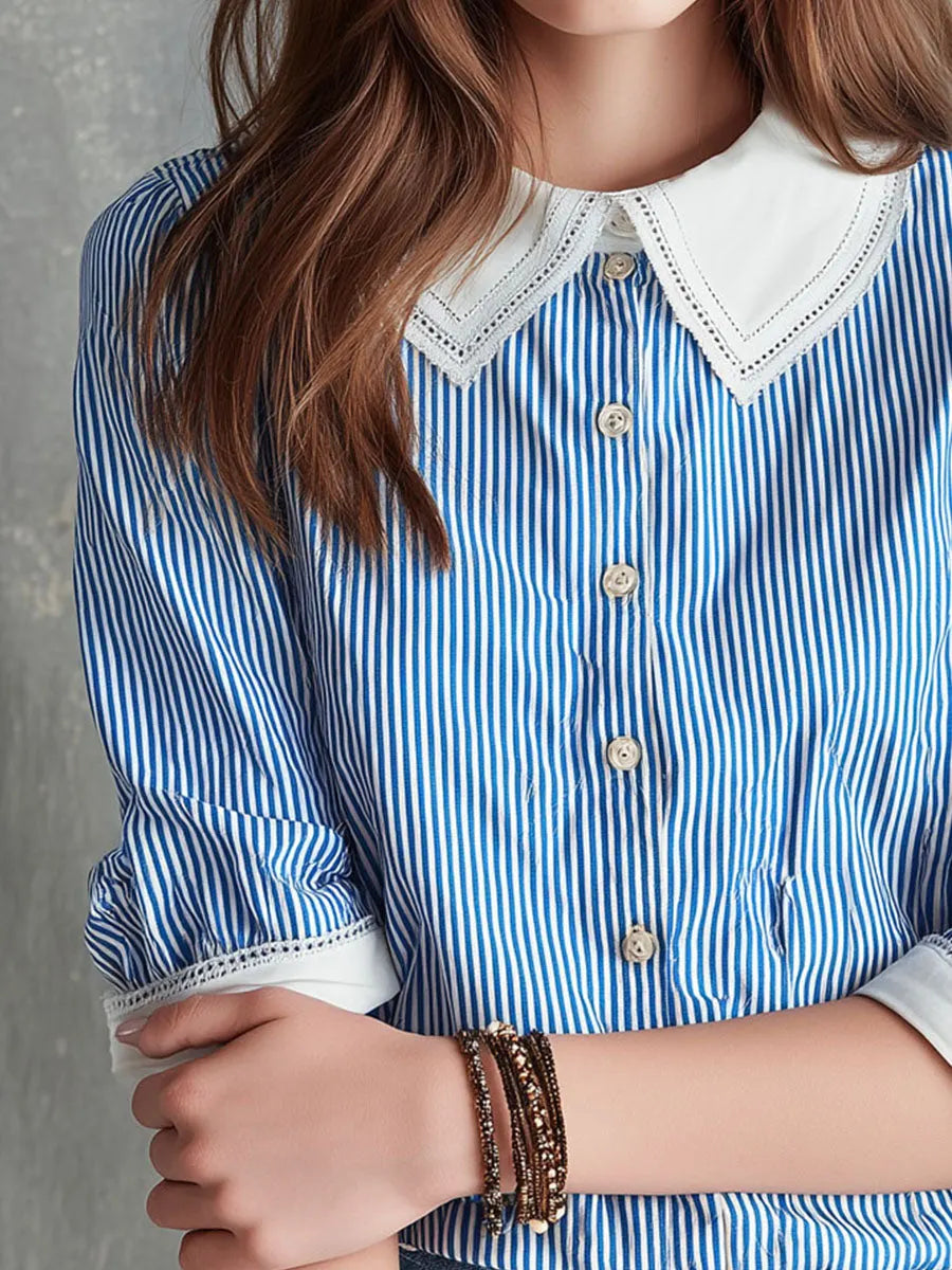 Boho Contrast Collar Blue And White Striped Cotton Blouse