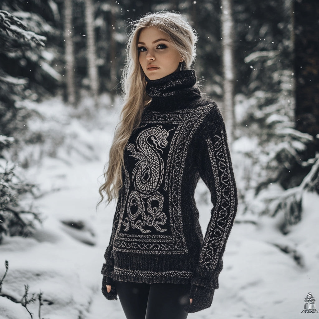 Viking Dragon Pattern Turtleneck Knit Sweater