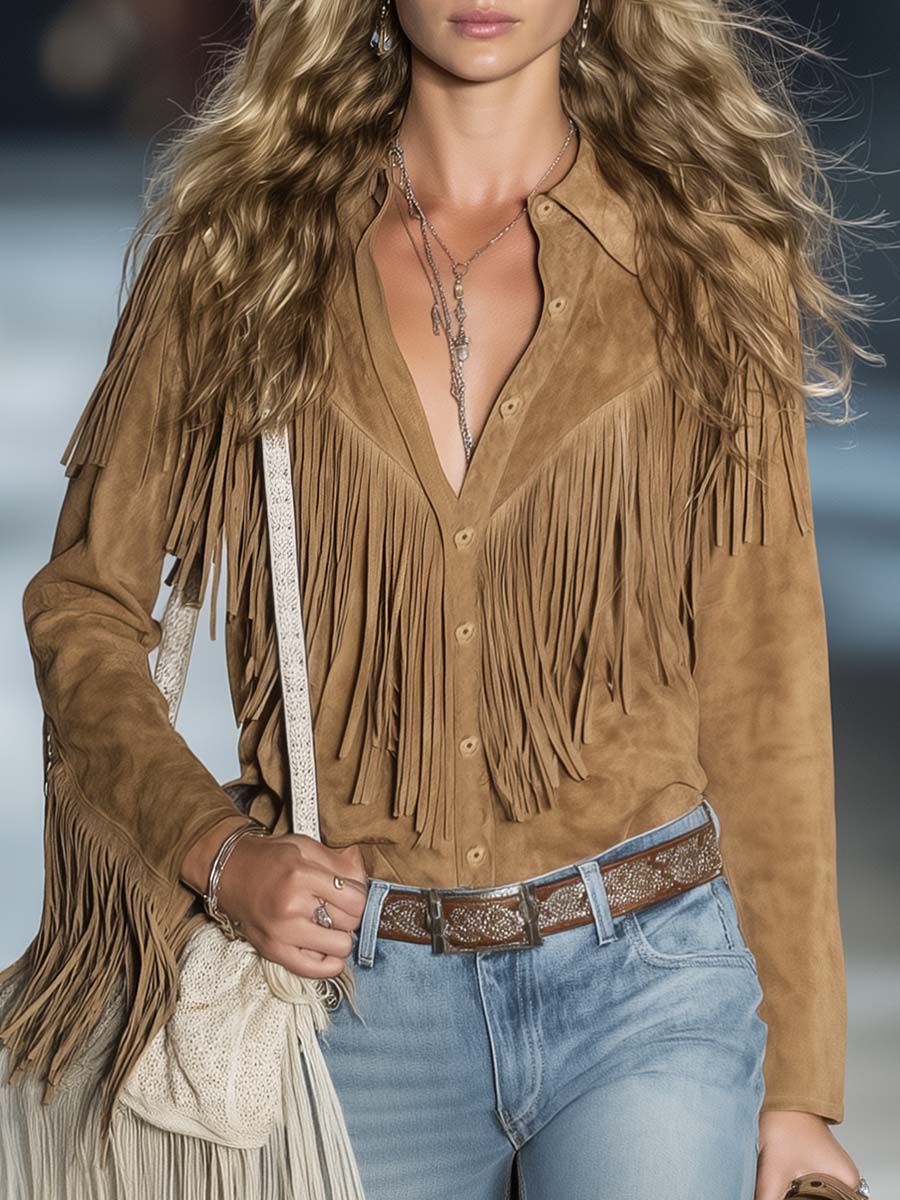 Casual Vintage Western Button Front Tassel Long Sleeve Light Brown Suede Shirt Top