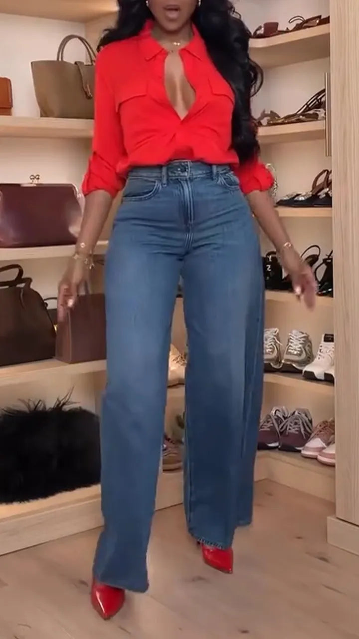 Women Collar Top+ Jeans Style Casual Suit