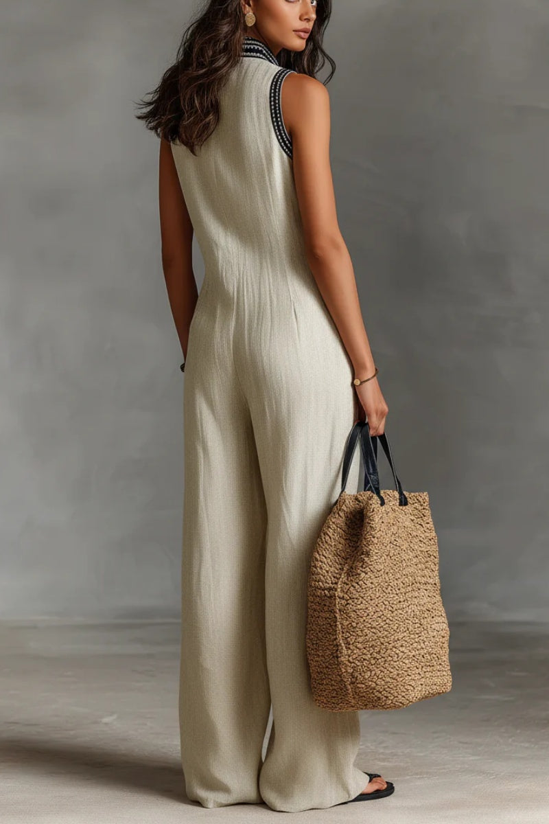Women’s Linen Blend Sleeveless V-Neck Wide Leg Jumpsuit