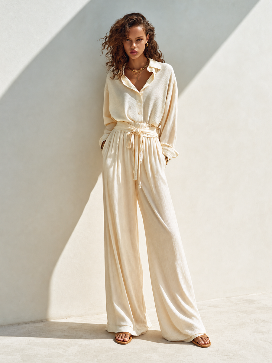 Women's Resort-Style Off-white Collared Long-Sleeve Shirt & Belted High-Waisted Wide-Leg Pants Crinkle-Texture Set MDZ1483G8CMX