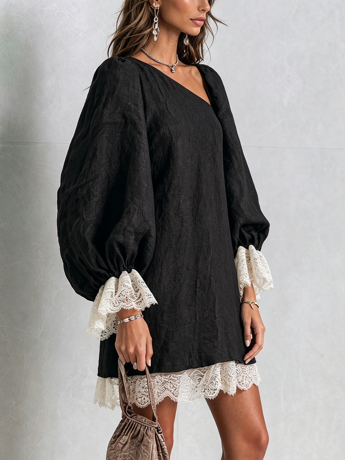 Black Asymmetric Mini Dress With Contrast Lace Trim
