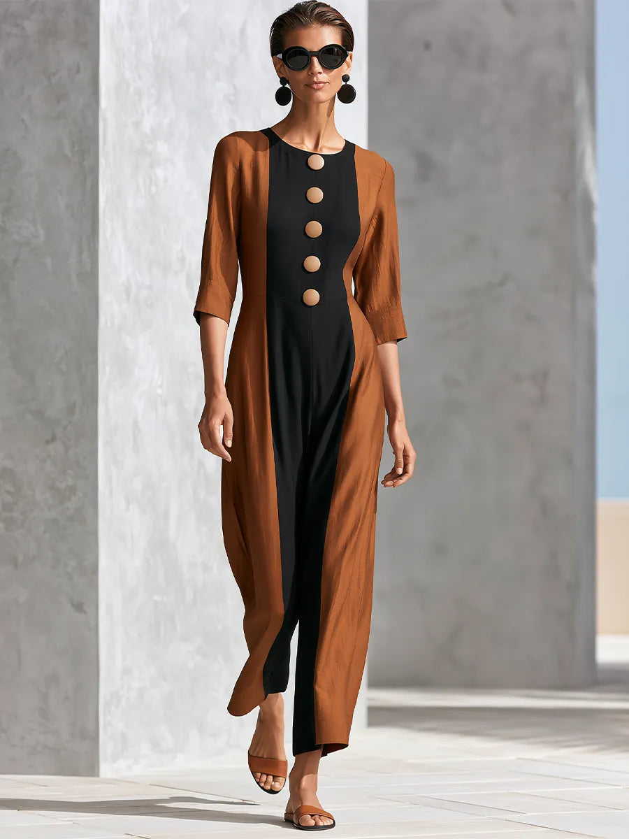 Women's Burnt Orange Black Color Block Jumpsuit With Mid Sleeve & Straight Ankle Cut, Minimalist Elegant Three Quarter Sleeve Ankle Jumpsuit MDZ1626G5LYL