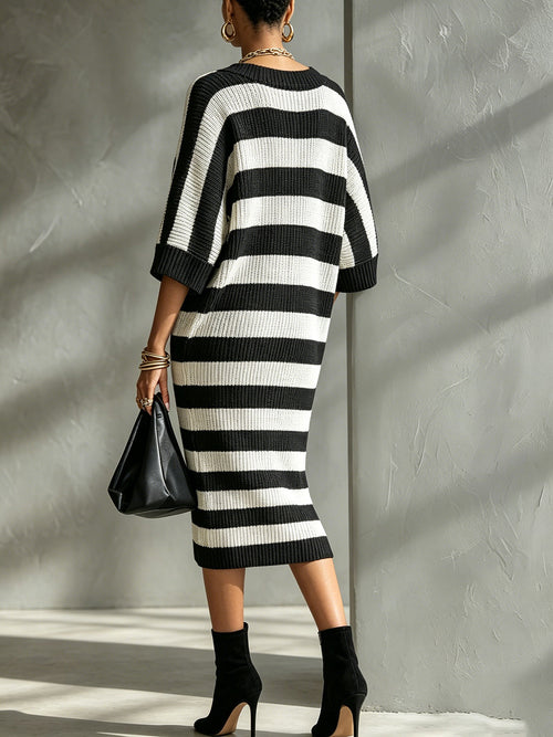 Black And White Striped Knit Midi Dress With V-Neck And Half Sleeves